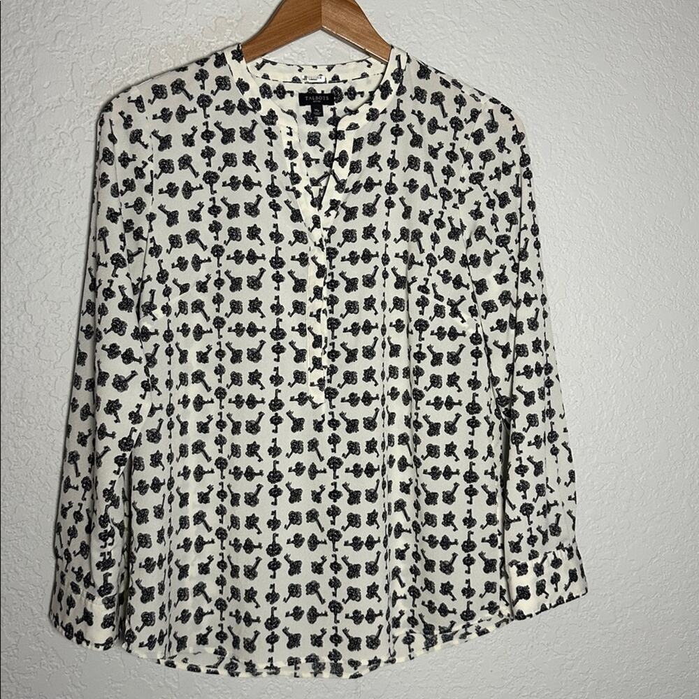 Talbots Keys Print Blouse Career Office Whimsical Preppy Long Sleeve Medium